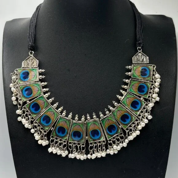 3/$30 Peacock Statement Necklace Silver Adjustable Fabric Cord Beaded Jewelry - Picture 4 of 11